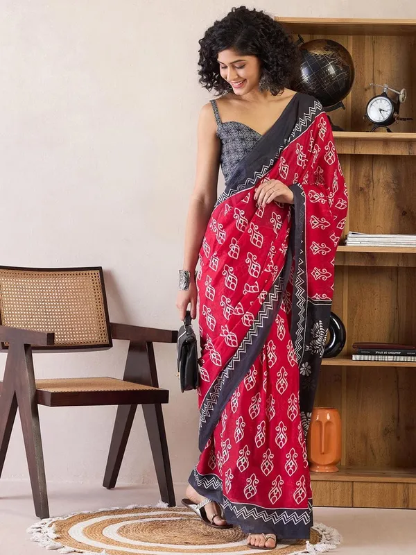 Pink_And_Black__Minute_Ready_To_Wear_Mul_Cotton_Digital_Printed_Saree_With_Pocket_For_Women_&_Girl'S