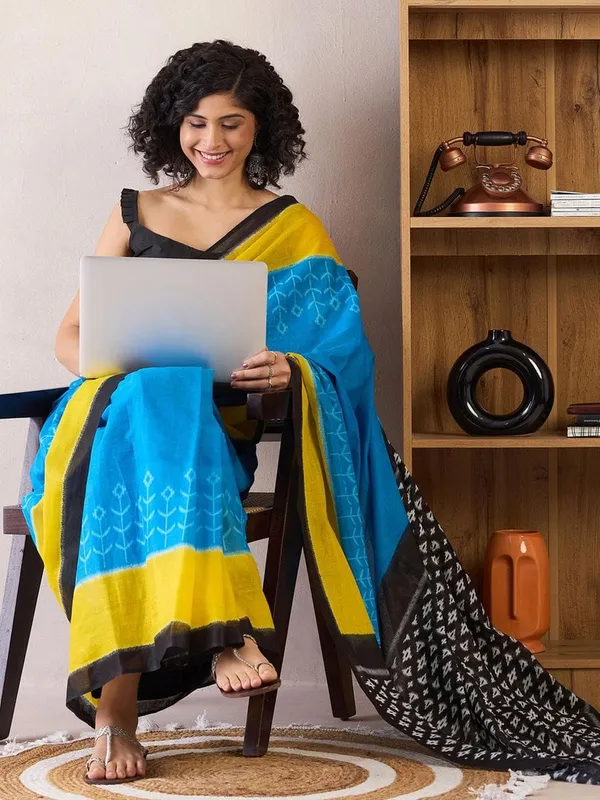Sky_Blue_And_Black__Minute_Ready_To_Wear_Mul_Cotton_Digital_Printed_Saree_With_Pocket_For_Women_&_Girl'S