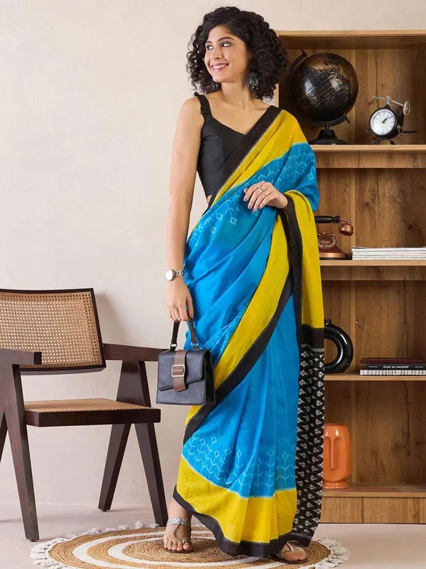 Sky_Blue_And_Black__Minute_Ready_To_Wear_Mul_Cotton_Digital_Printed_Saree_With_Pocket_For_Women_&_Girl'S