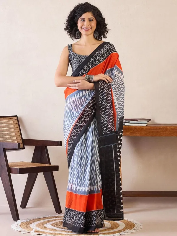 Black_And_White__Minute_Ready_To_Wear_Mul_Cotton_Digital_Printed_Saree_With_Pocket_For_Women_&_Girl'S
