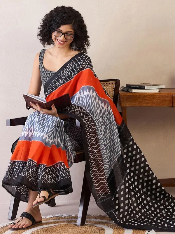 Black_And_White__Minute_Ready_To_Wear_Mul_Cotton_Digital_Printed_Saree_With_Pocket_For_Women_&_Girl'S