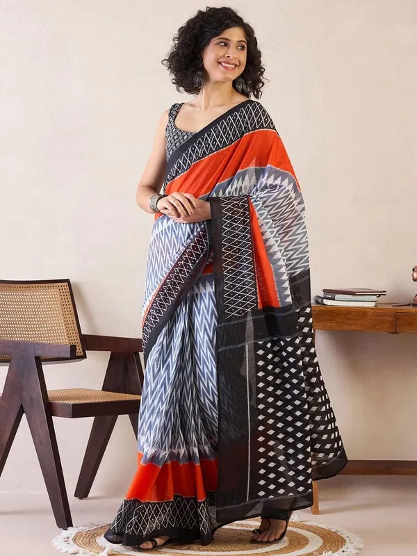Black_And_White__Minute_Ready_To_Wear_Mul_Cotton_Digital_Printed_Saree_With_Pocket_For_Women_&_Girl'S