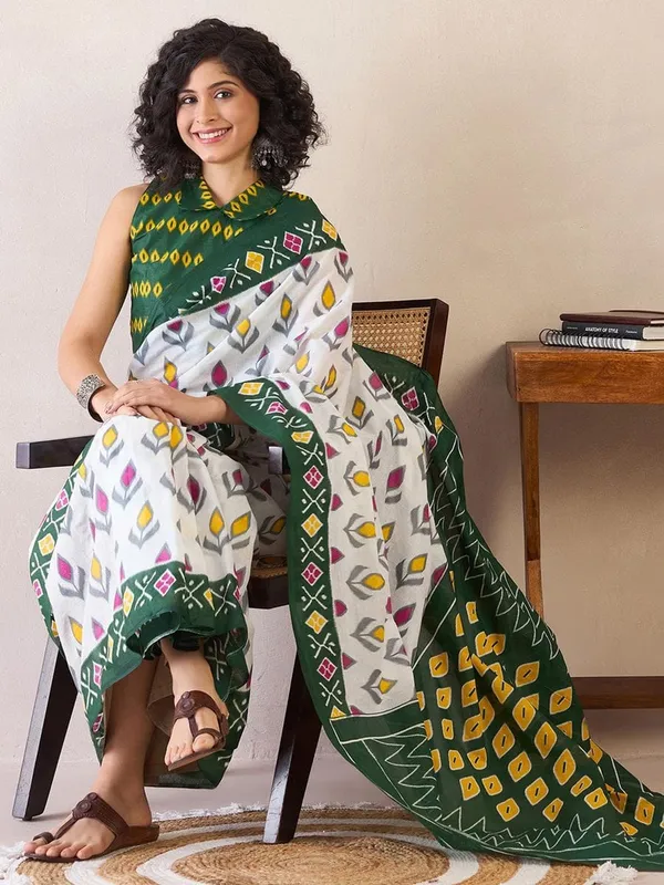 White_And_Green__Minute_Ready_To_Wear_Mul_Cotton_Digital_Printed_Saree_With_Pocket_For_Women_&_Girl'S