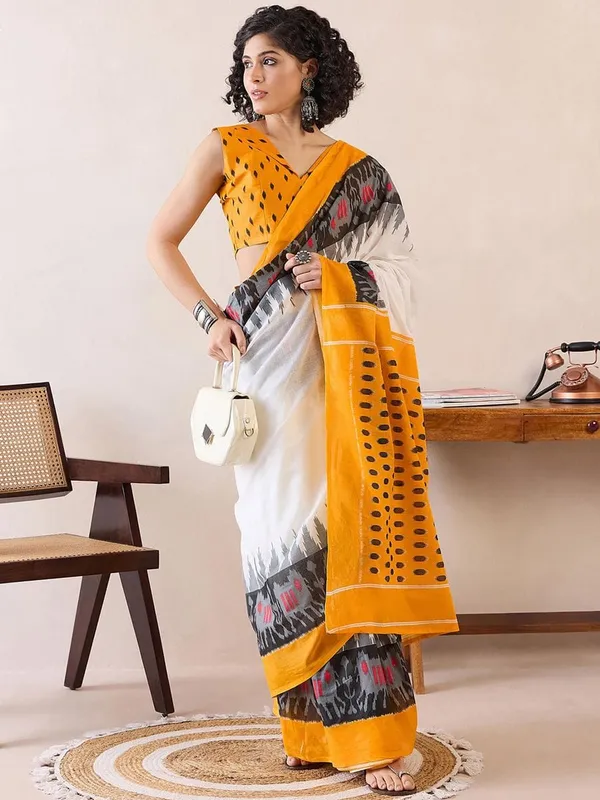 White_And_Mustard__Minute_Ready_To_Wear_Mul_Cotton_Digital_Printed_Saree_With_Pocket_For_Women_&_Girl'S
