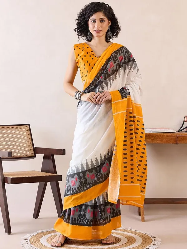 White_And_Mustard__Minute_Ready_To_Wear_Mul_Cotton_Digital_Printed_Saree_With_Pocket_For_Women_&_Girl'S