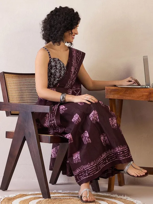 Wine__Minute_Ready_To_Wear__Mul_Cotton_Digital_Printed_Saree_With_Pocket_For_Women_&_Girl'S