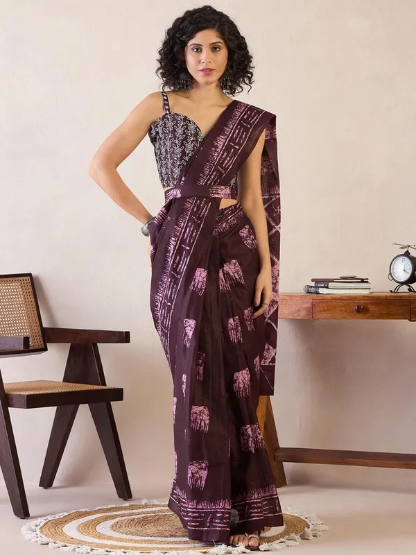 Wine__Minute_Ready_To_Wear__Mul_Cotton_Digital_Printed_Saree_With_Pocket_For_Women_&_Girl'S