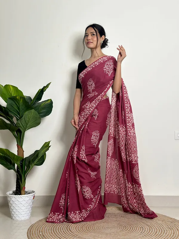 Wine__Minute_Ready_To_Wear_Mul_Cotton_Digital_Printed_Saree_With_Pocket_For_Women_&_Girl'S