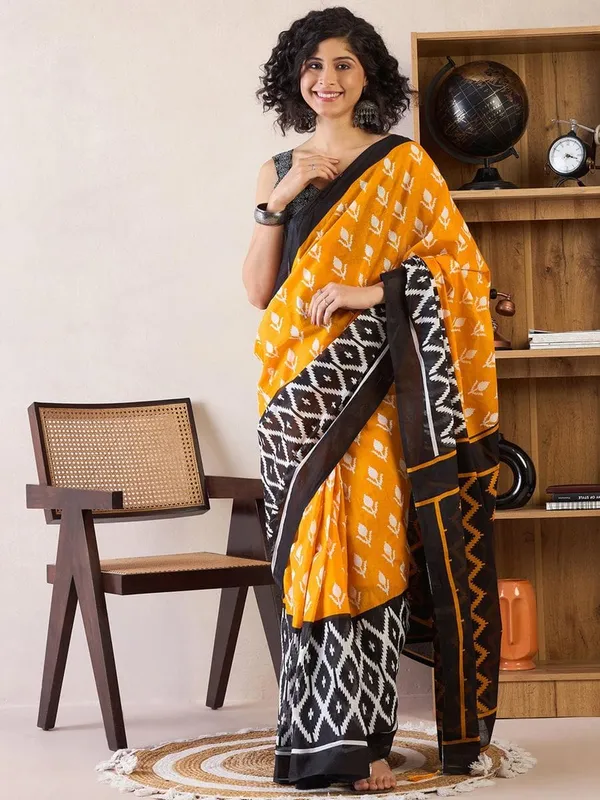 Yellow_And_Black__Minute_Ready_To_Wear_Mul_Cotton_Digital_Printed_Saree_With_Pocket_For_Women_&_Girl'S