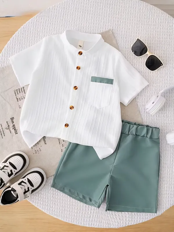 Kids_Popcorn_Shirt_And_Shorts_With_Light_Green_Strip_Pocket_(_Co-ordset_)_(_White-Light_Green_Colour_)
