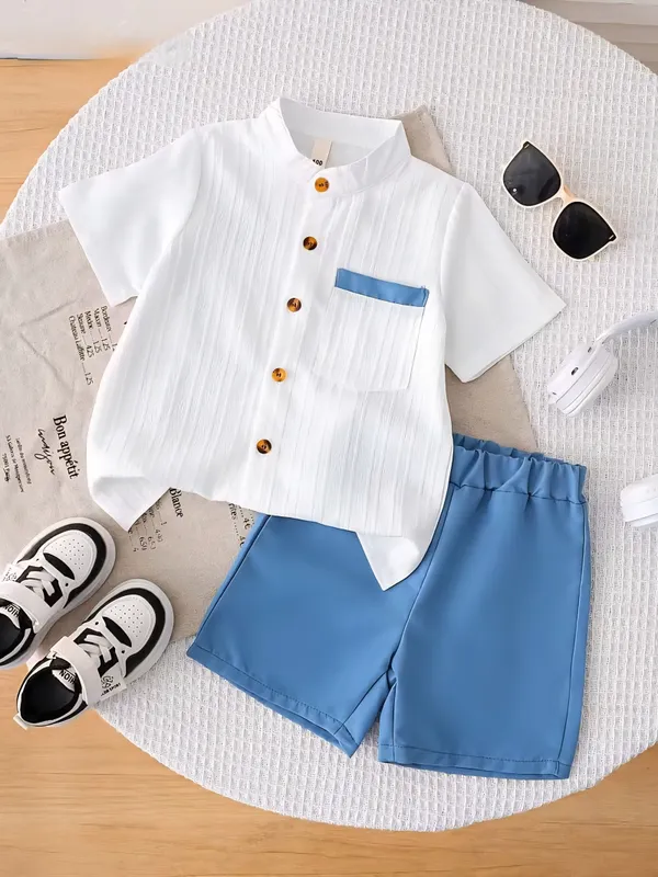 White_Popcorn_Shirt_And_Shorts_With_Blue_Strip_Pocket_(_Co-ordset_)_(_White-Blue_Colour_)