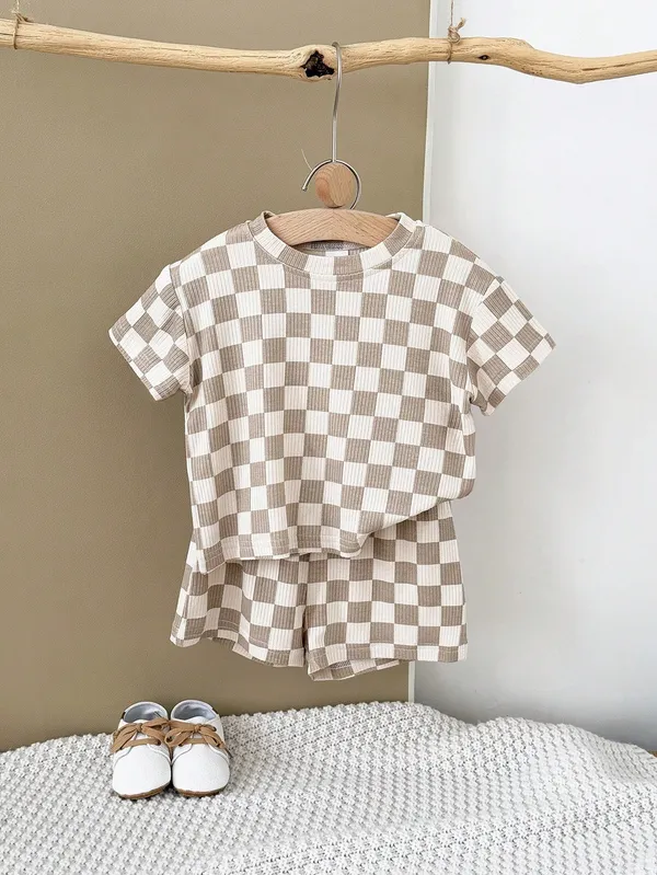 Baby_&_Toddler_Beige_Checkered_T-Shirt_&_Shorts_Co-Ord_Set_|_Unisex_Casual_Outfit