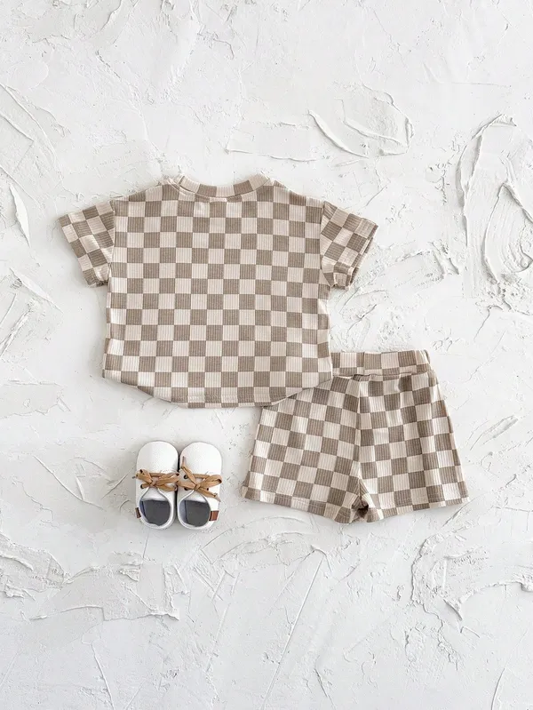 Baby_&_Toddler_Beige_Checkered_T-Shirt_&_Shorts_Co-Ord_Set_|_Unisex_Casual_Outfit