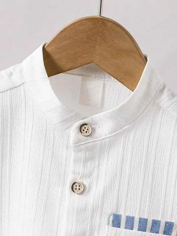 Boys_White_Textured_Mandarin_Collar_Shirt_&_Blue_Striped_Shorts_Set_–_Casual_Co-ordset_2-Piece_Outfit