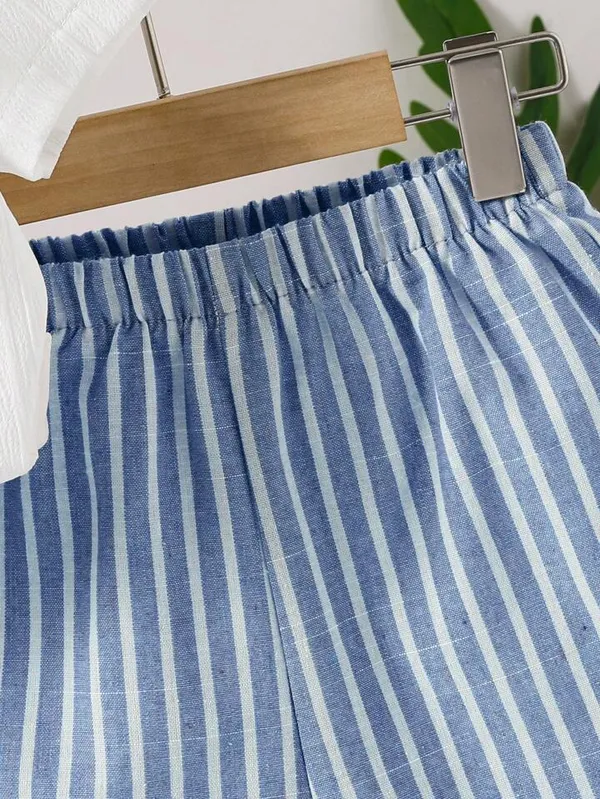 Boys_White_Textured_Mandarin_Collar_Shirt_&_Blue_Striped_Shorts_Set_–_Casual_Co-ordset_2-Piece_Outfit