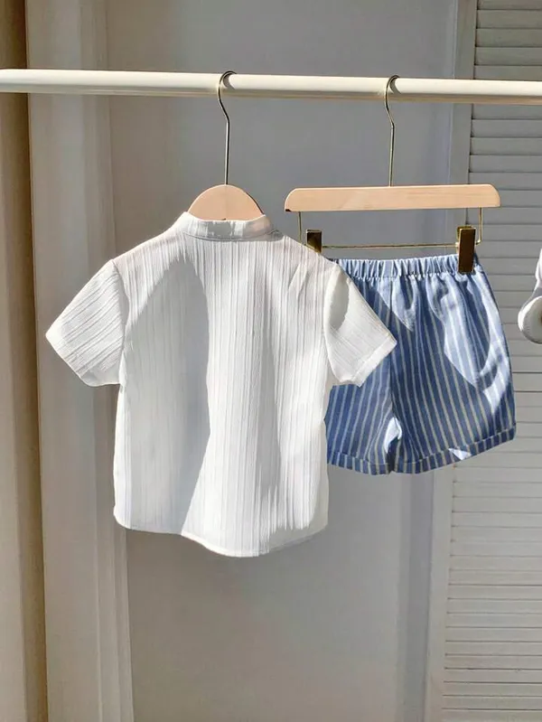 Boys_White_Textured_Mandarin_Collar_Shirt_&_Blue_Striped_Shorts_Set_–_Casual_Co-ordset_2-Piece_Outfit