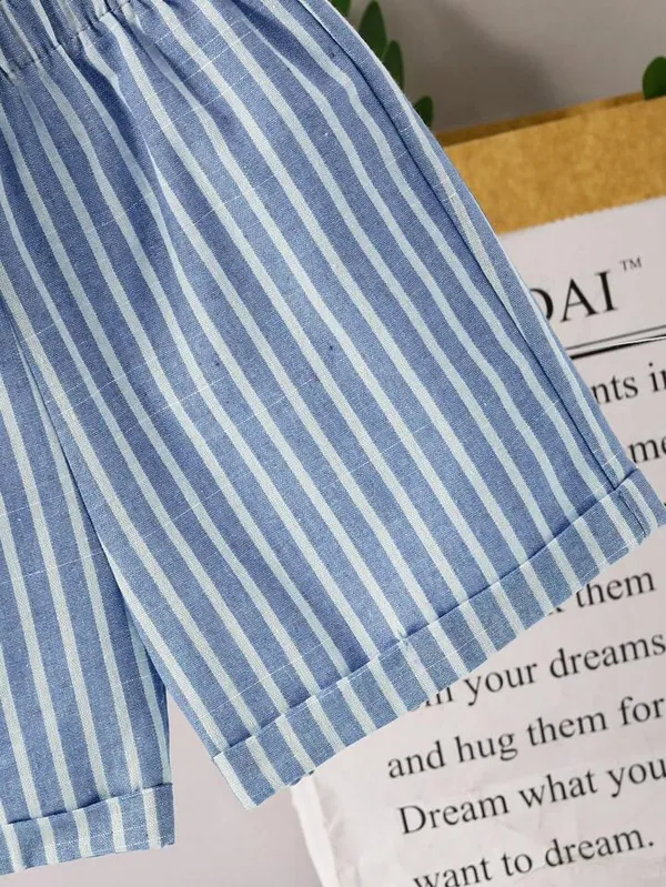 Boys_White_Textured_Mandarin_Collar_Shirt_&_Blue_Striped_Shorts_Set_–_Casual_Co-ordset_2-Piece_Outfit