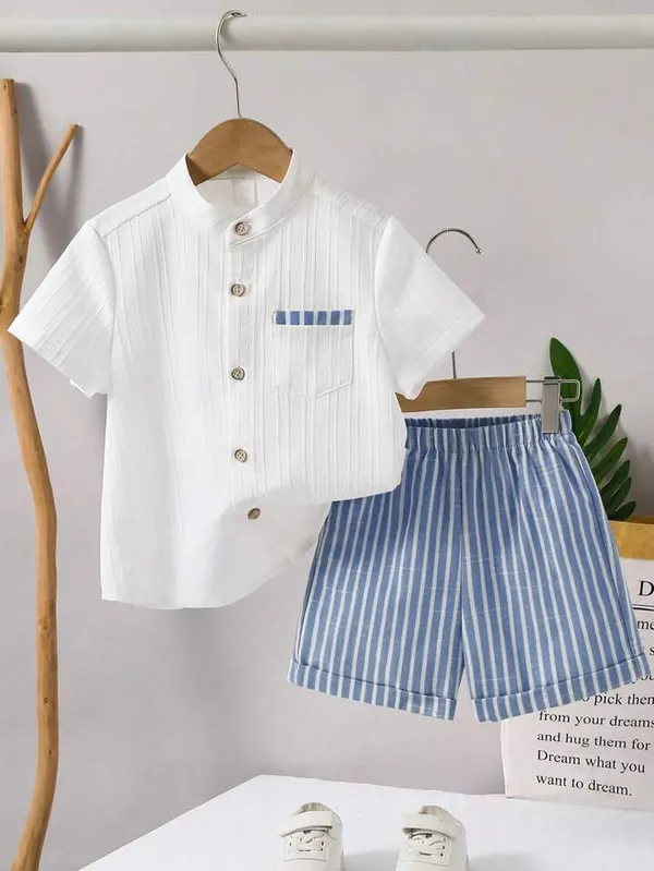 Boys_White_Textured_Mandarin_Collar_Shirt_&_Blue_Striped_Shorts_Set_–_Casual_Co-ordset_2-Piece_Outfit
