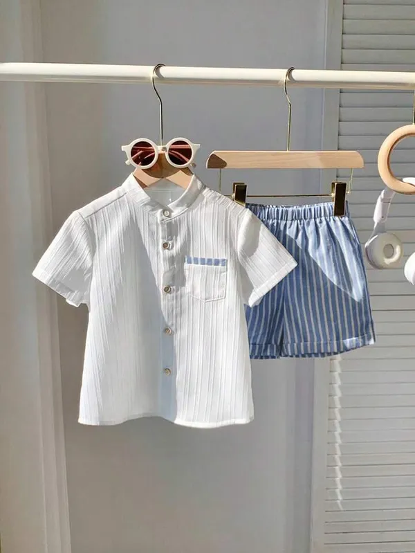 Boys_White_Textured_Mandarin_Collar_Shirt_&_Blue_Striped_Shorts_Set_–_Casual_Co-ordset_2-Piece_Outfit