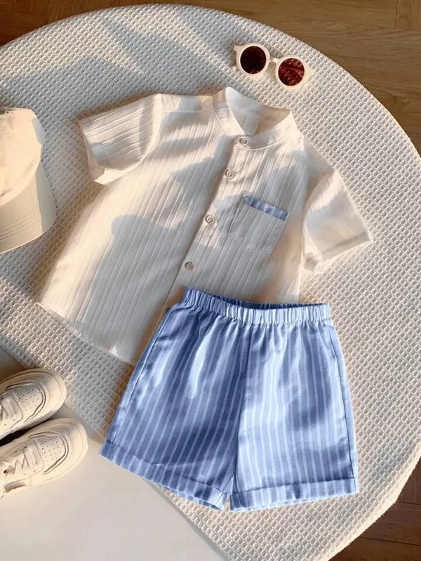 Boys_White_Textured_Mandarin_Collar_Shirt_&_Blue_Striped_Shorts_Set_–_Casual_Co-ordset_2-Piece_Outfit