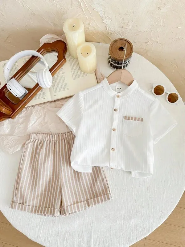 Boys’_White_Mandarin_Collar_Shirt_&_Beige_Striped_Shorts_Set_|_Stylish_Casual_2-Piece_Co-ordset_Outfit