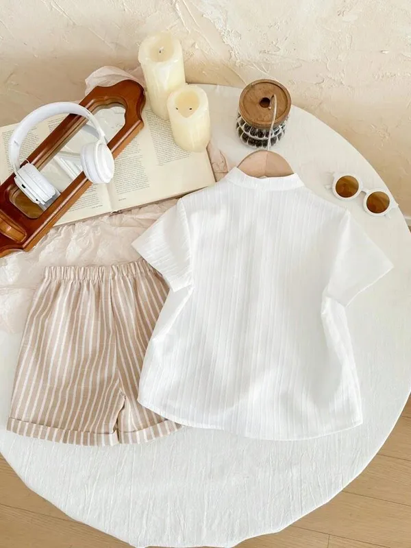 Boys’_White_Mandarin_Collar_Shirt_&_Beige_Striped_Shorts_Set_|_Stylish_Casual_2-Piece_Co-ordset_Outfit