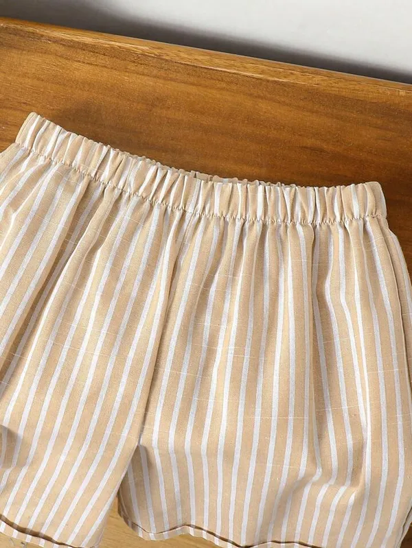 Boys’_White_Mandarin_Collar_Shirt_&_Beige_Striped_Shorts_Set_|_Stylish_Casual_2-Piece_Co-ordset_Outfit