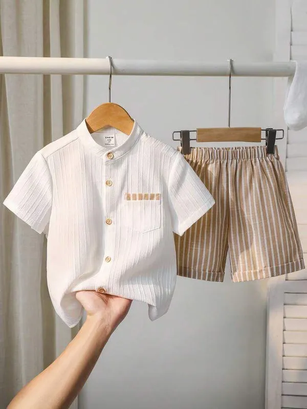 Boys’_White_Mandarin_Collar_Shirt_&_Beige_Striped_Shorts_Set_|_Stylish_Casual_2-Piece_Co-ordset_Outfit