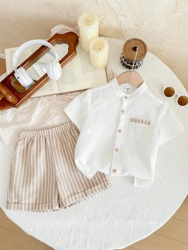 Boys’_White_Mandarin_Collar_Shirt_&_Beige_Striped_Shorts_Set_|_Stylish_Casual_2-Piece_Co-ordset_Outfit