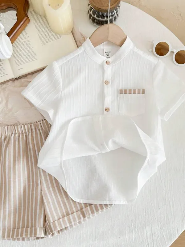 Boys’_White_Mandarin_Collar_Shirt_&_Beige_Striped_Shorts_Set_|_Stylish_Casual_2-Piece_Co-ordset_Outfit