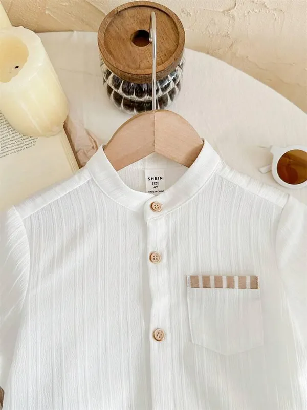 Boys’_White_Mandarin_Collar_Shirt_&_Beige_Striped_Shorts_Set_|_Stylish_Casual_2-Piece_Co-ordset_Outfit