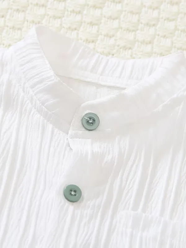 Boys’_White_Mandarin_Collar_Shirt_&_Green_Striped_Shorts_2-Piece_Co-ordSet