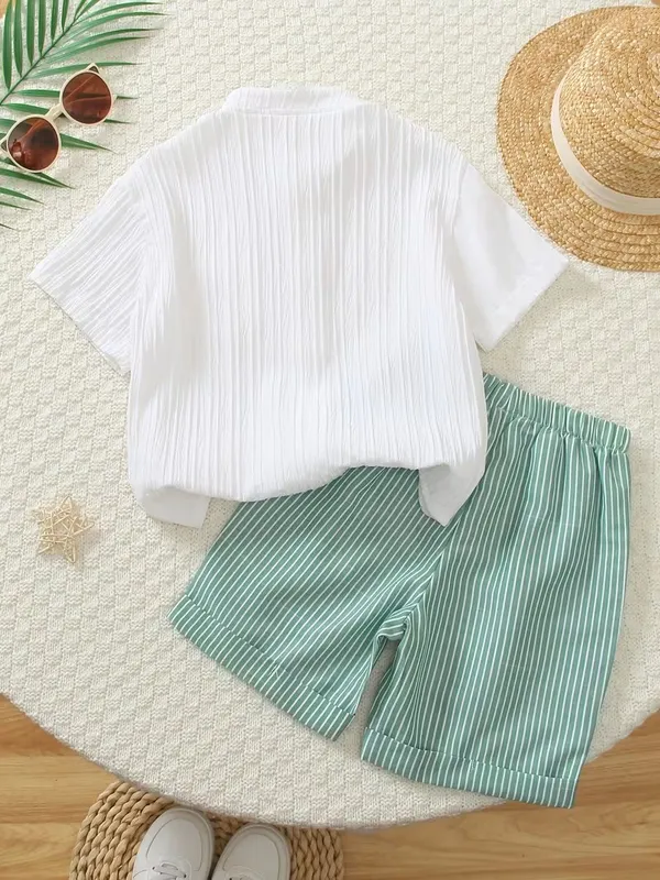 Boys’_White_Mandarin_Collar_Shirt_&_Green_Striped_Shorts_2-Piece_Co-ordSet