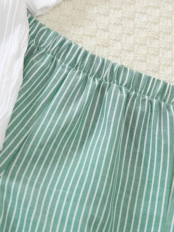 Boys’_White_Mandarin_Collar_Shirt_&_Green_Striped_Shorts_2-Piece_Co-ordSet