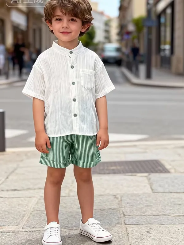 Boys’_White_Mandarin_Collar_Shirt_&_Green_Striped_Shorts_2-Piece_Co-ordSet