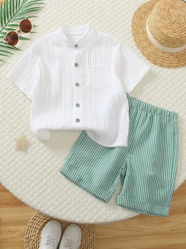 Boys’_White_Mandarin_Collar_Shirt_&_Green_Striped_Shorts_2-Piece_Co-ordSet