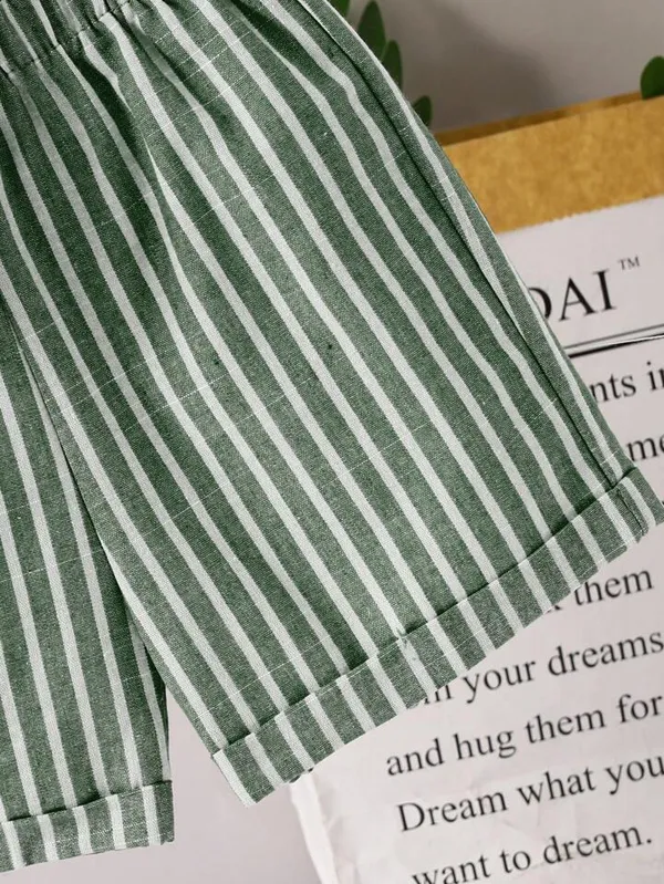 Boys’_White_Mandarin_Collar_Shirt_&_Green_Striped_Shorts_Set_|_Stylish_Casual_2-Piece_Co-ordset_Outfit