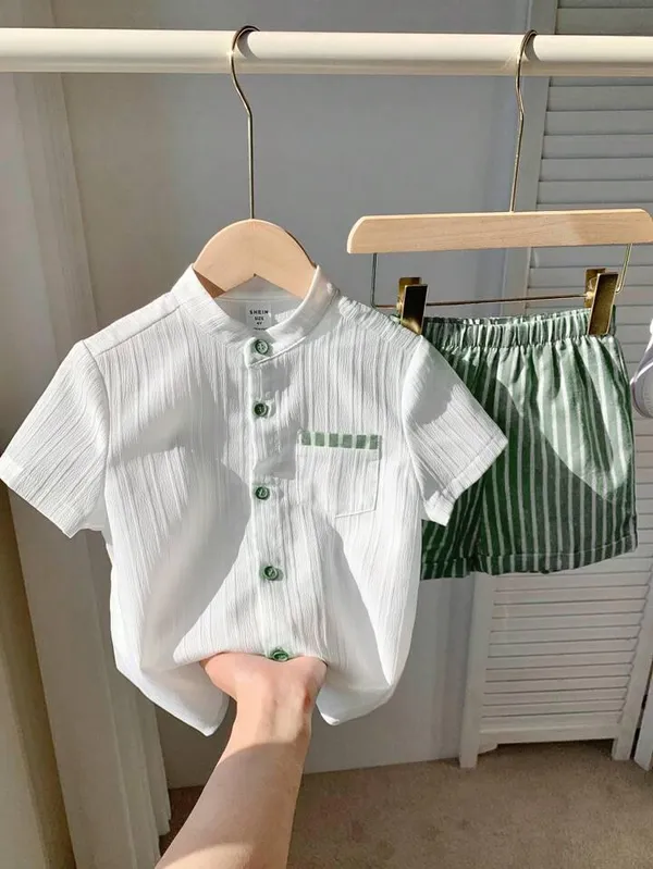 Boys’_White_Mandarin_Collar_Shirt_&_Green_Striped_Shorts_Set_|_Stylish_Casual_2-Piece_Co-ordset_Outfit