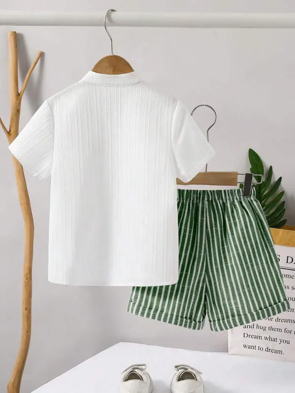 Boys’_White_Mandarin_Collar_Shirt_&_Green_Striped_Shorts_Set_|_Stylish_Casual_2-Piece_Co-ordset_Outfit