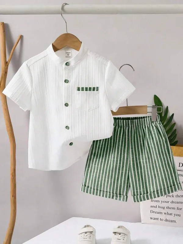 Boys’_White_Mandarin_Collar_Shirt_&_Green_Striped_Shorts_Set_|_Stylish_Casual_2-Piece_Co-ordset_Outfit