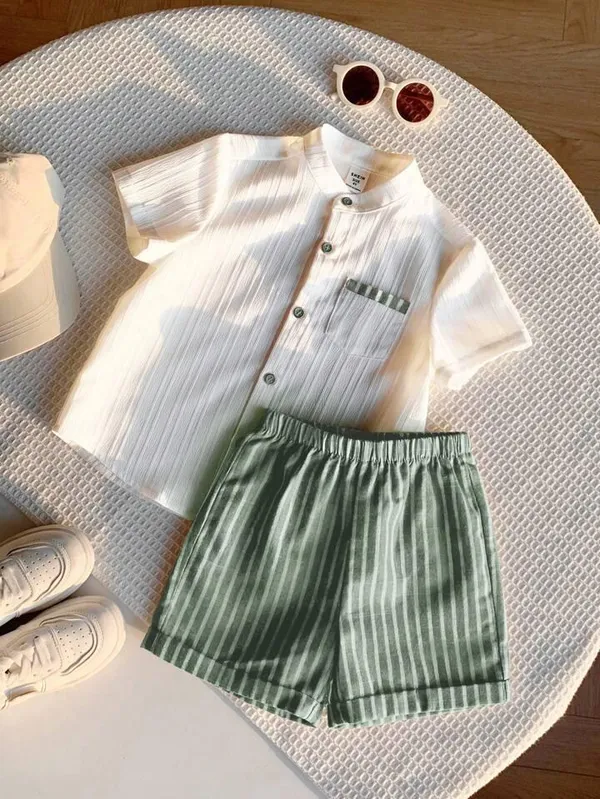 Boys’_White_Mandarin_Collar_Shirt_&_Green_Striped_Shorts_Set_|_Stylish_Casual_2-Piece_Co-ordset_Outfit