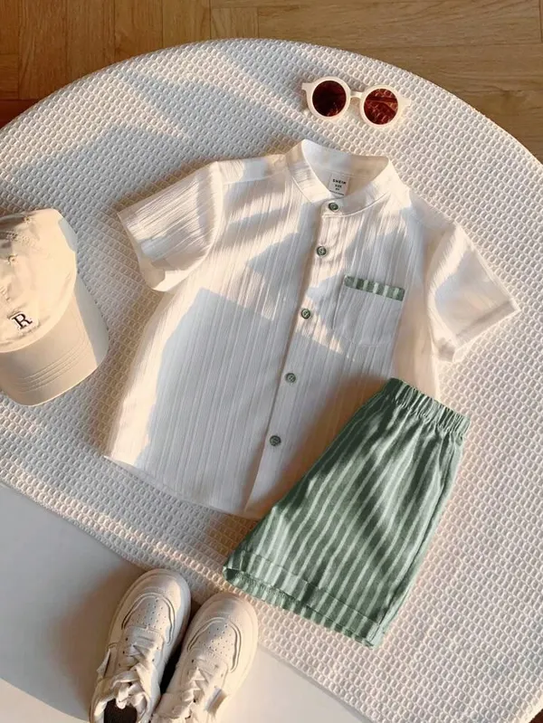 Boys’_White_Mandarin_Collar_Shirt_&_Green_Striped_Shorts_Set_|_Stylish_Casual_2-Piece_Co-ordset_Outfit
