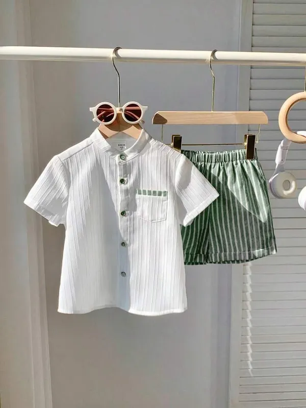 Boys’_White_Mandarin_Collar_Shirt_&_Green_Striped_Shorts_Set_|_Stylish_Casual_2-Piece_Co-ordset_Outfit