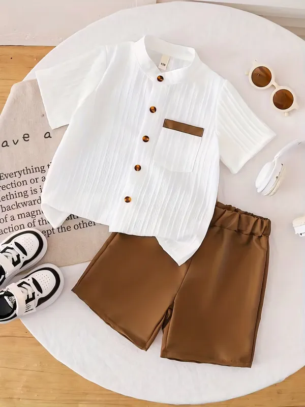White_Popcorn_Shirt_And_Shorts_With_Brown_Strip_Pocket_(_Co-ordset_)_(_White-Brown_Colour_)