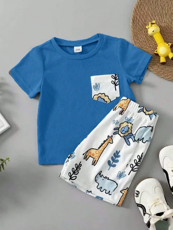 Kids_Boys_Blue_Ribbed_T-shirt_And_Shorts_(_Co-ordset_)_(_Ribbed_T-shirt_And_Jungle_Printed_Short_)_(_Blue_Colour_)