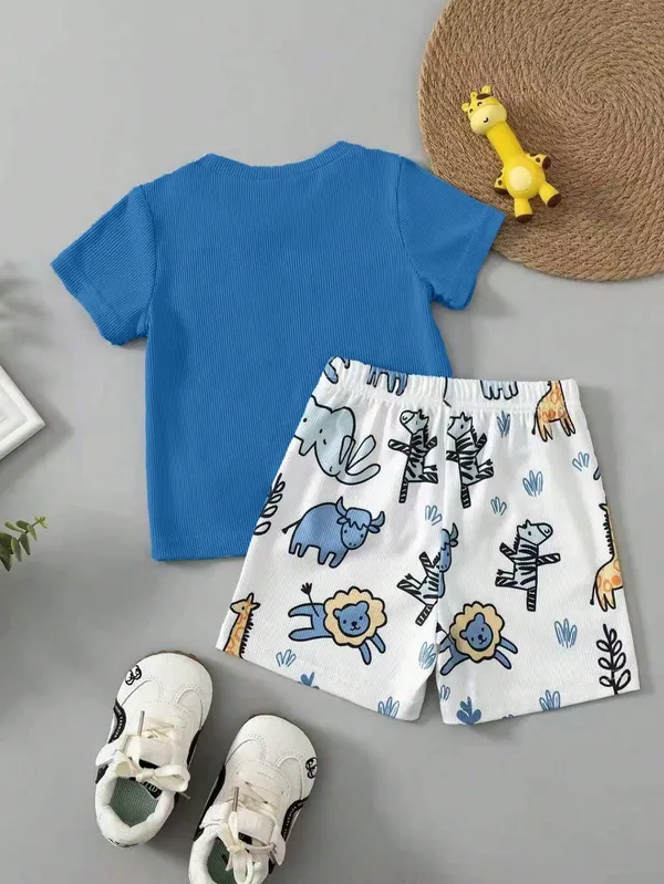 Kids_Boys_Blue_Ribbed_T-shirt_And_Shorts_(_Co-ordset_)_(_Ribbed_T-shirt_And_Jungle_Printed_Short_)_(_Blue_Colour_)