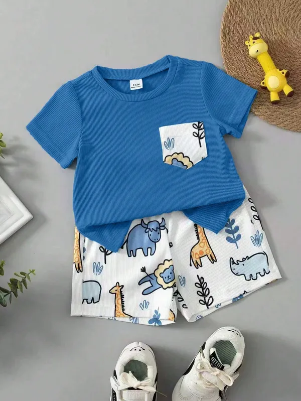 Kids_Boys_Blue_Ribbed_T-shirt_And_Shorts_(_Co-ordset_)_(_Ribbed_T-shirt_And_Jungle_Printed_Short_)_(_Blue_Colour_)