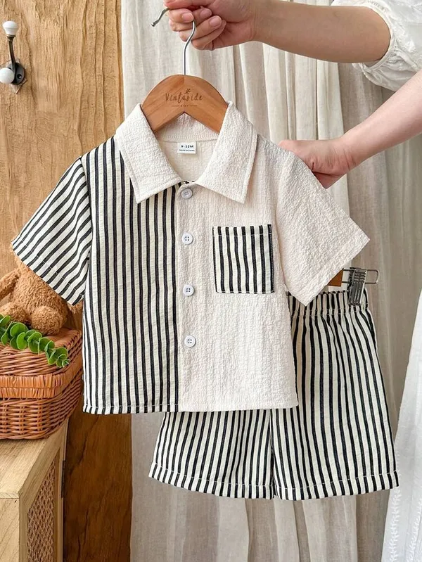 Kids_Boys_Casual_Wear_Shirt_And_Shorts_(_Co-ordset_)_(_Black_Striped_Pocket_)