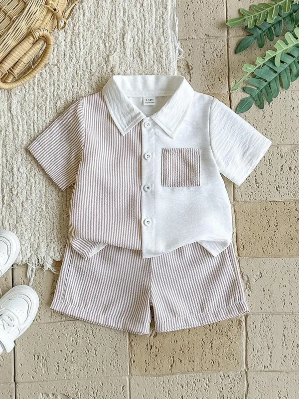 Kids_Boys_Casual_Wear_Shirt_And_Shorts_(_Co-ordset_)_(_Coffee_Striped_Pocket_)