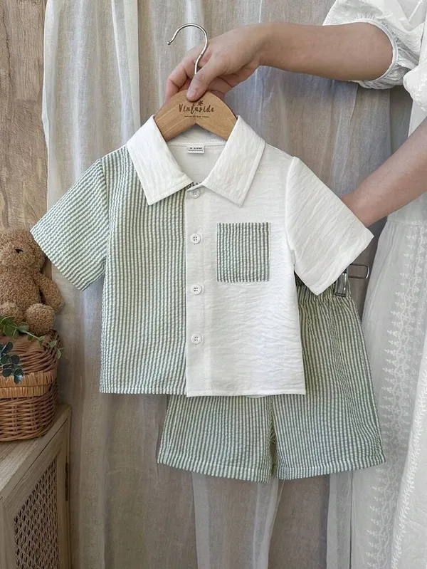 Kids_Boys_Casual_Wear_Shirt_And_Shorts_(_Co-ordset_)_(_Light_Green_Striped_Pocket_)